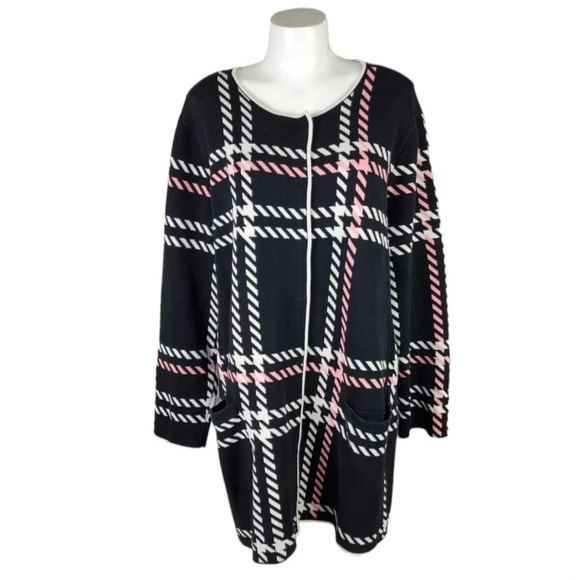 Talbots  Herringbone Plaid Scoop Neck Snap Front Black Cream Pink Size 3X - Picture 1 of 12